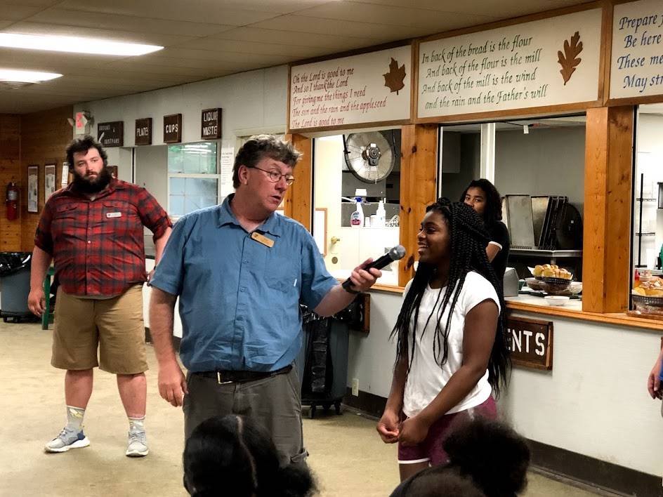 student talking at camp