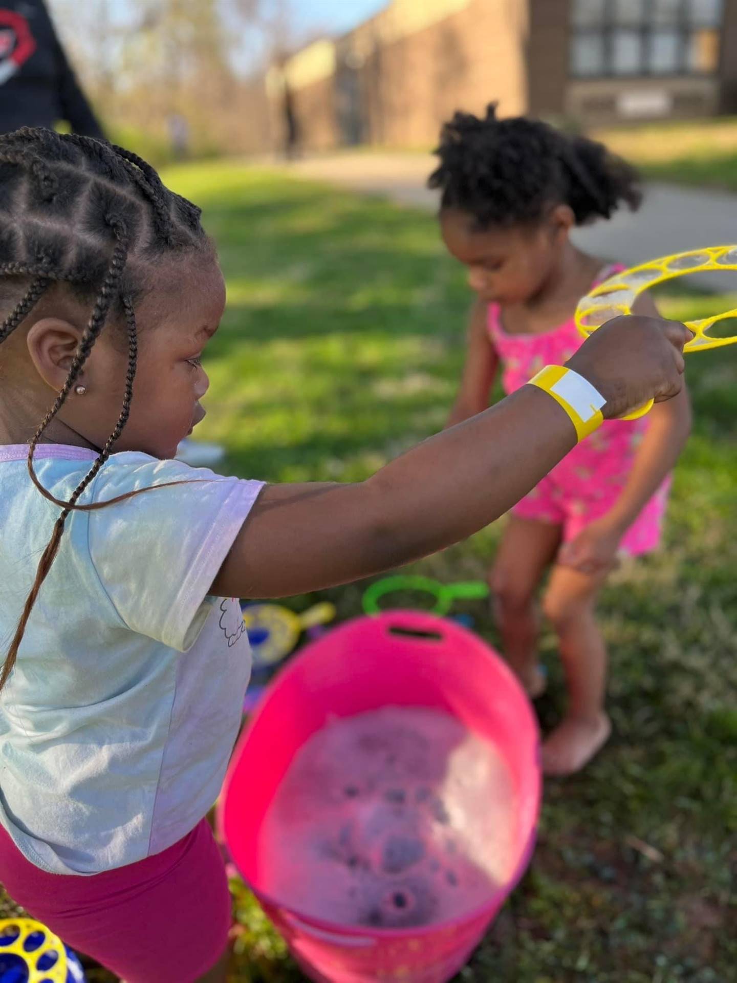 Students playing with bubbles