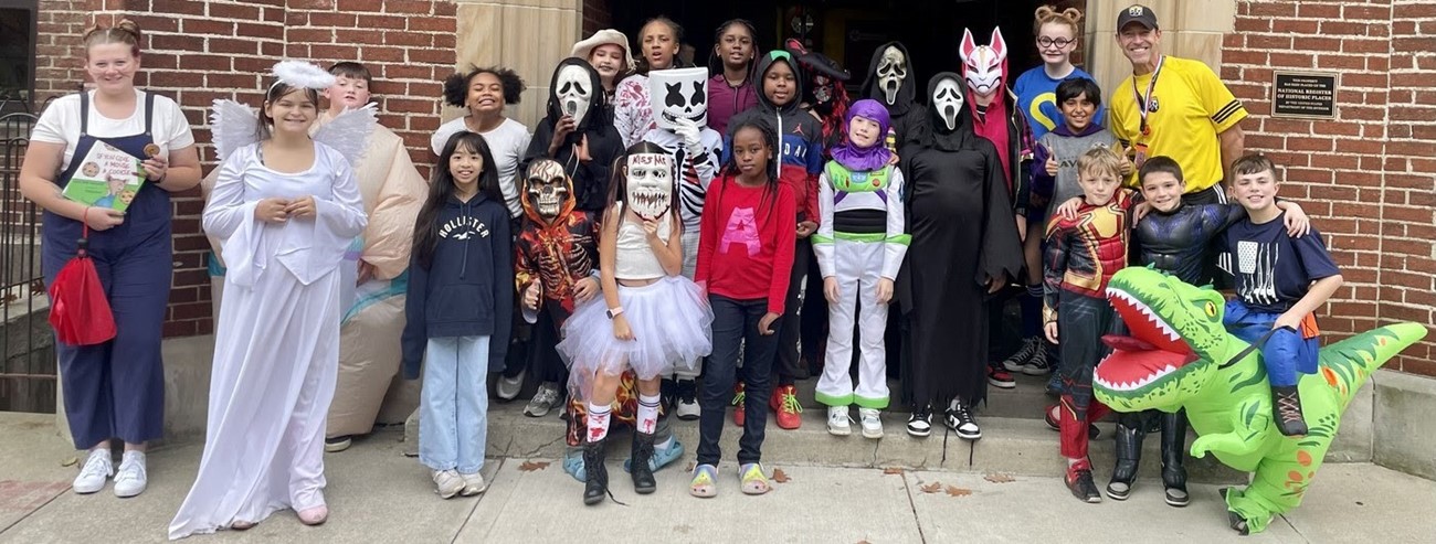 students in Halloween costumes