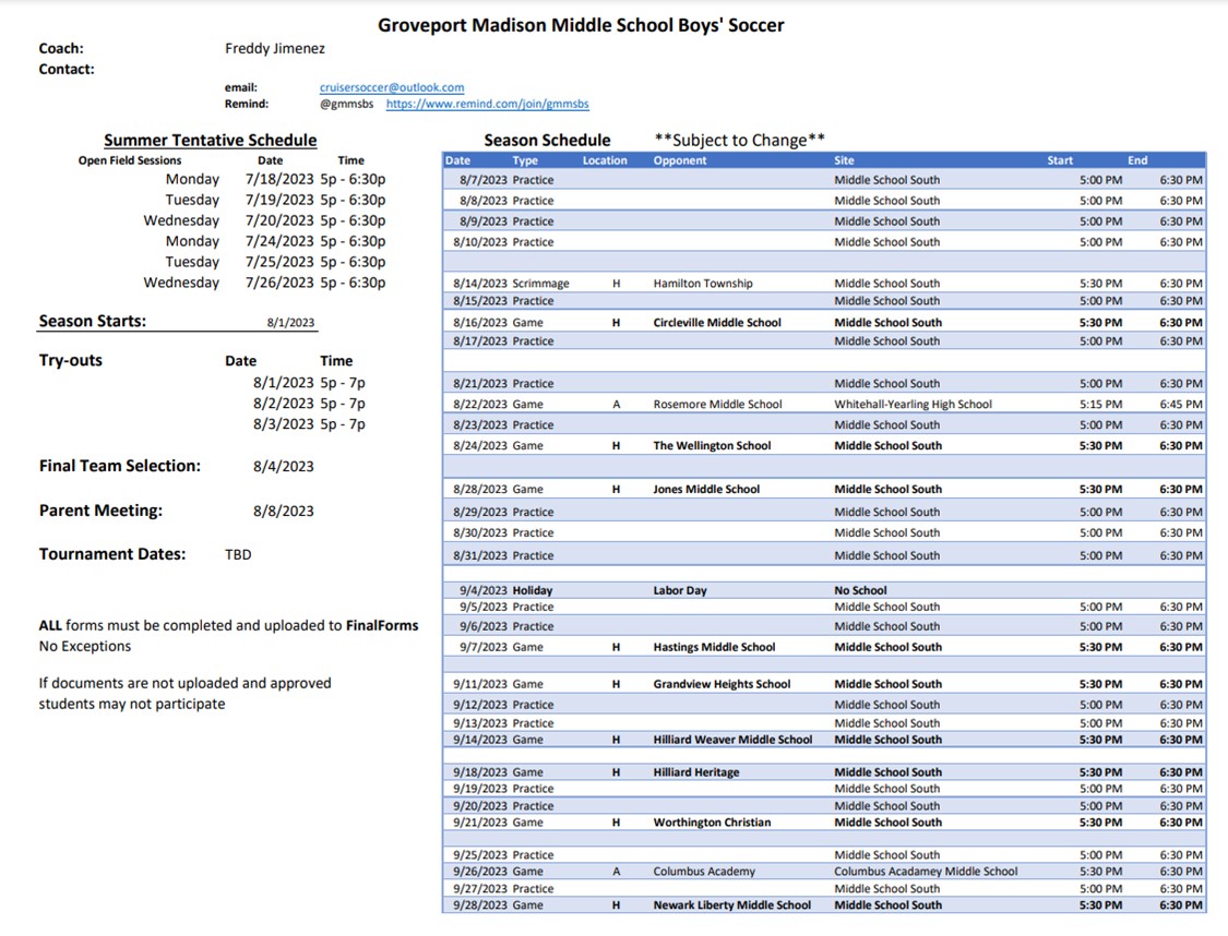 MS Soccer Schedule